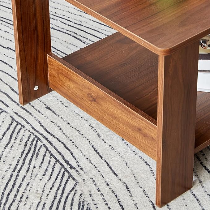 Farmhouse Wood Coffee Table - Boho Tea Table with Storage Shelf, Rectangle Center Table Wood Look Accent Table, 2-Tier Sofa Side Table Modern Rectangular Coffee Table Living Room Furniture - LeafyLoom