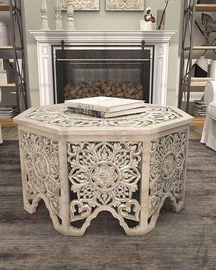 Deco 79 Wooden Floral Handmade Living Room Coffee Table Intricately Carved Table with Hollow Interior, Center Table 33" x 33" x 18", Light Gray - LeafyLoom