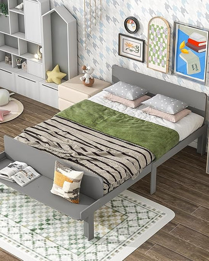 Full Bed with Footboard Bench, Full Kid Bed with Headboard, Wood Slat Support, Cute Kid Bed Frame with Book Storage Space, Full Car Bed for Boys Girls Bedroom, No Box Spring Needed, Grey - LeafyLoom