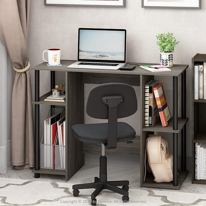 Furinno Jaya Computer Study Desk With Open Storage, French Oak Grey/Black - LeafyLoom
