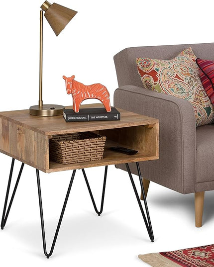 SIMPLIHOME Hunter Solid Mango Wood and Metal 22 inch wide Square Mid Century Modern End Side Table in Natural with Storage, 1 Shelf, for the Living Room and Bedroom - LeafyLoom