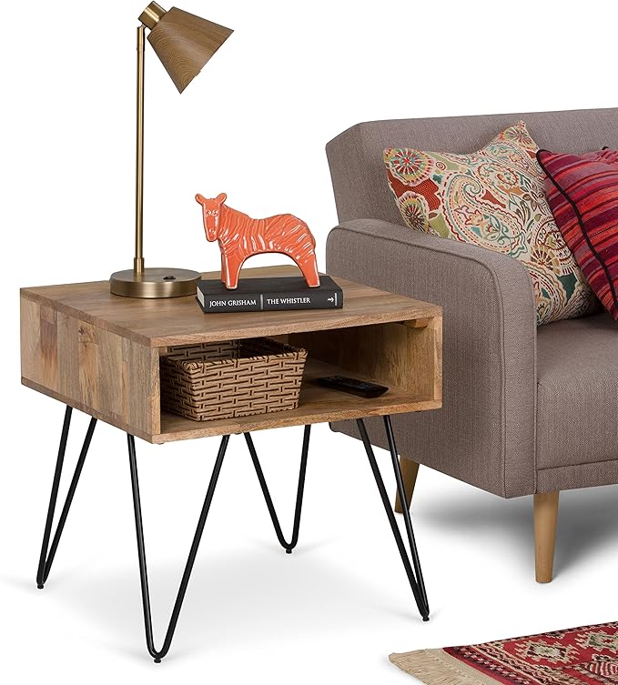 SIMPLIHOME Hunter Solid Mango Wood and Metal 22 inch wide Square Mid Century Modern End Side Table in Natural with Storage, 1 Shelf, for the Living Room and Bedroom - LeafyLoom