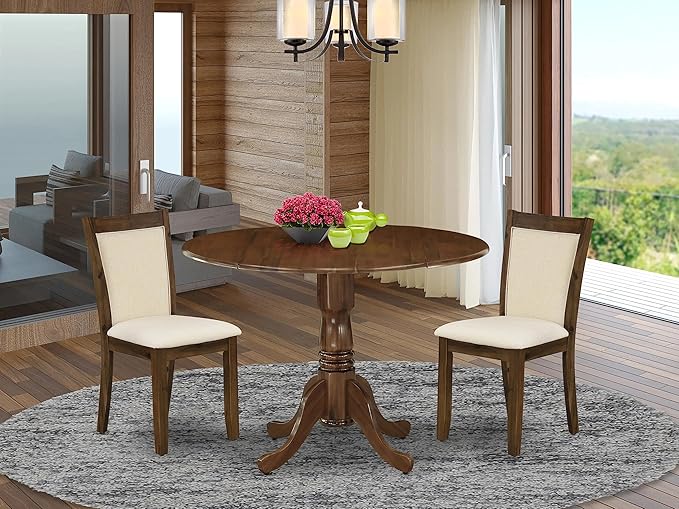 East West Furniture DLMZ3-AWA-32 Dublin 3 Piece Kitchen Set for Small Spaces Consist of a Round Wooden Table with Dropleaf and 2 Upholstered Parson Chairs, 42x42 Inch, Antique Walnut - LeafyLoom
