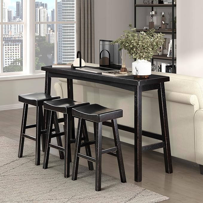 Lexicon Bar Table Set for 3, Small Kitchen table set Kitchen Island Table with 3 Saddle Bar Stools, 4 Piece Dining Table Set for Breakfast Nook, Living Room, Apartment, Pub Height, Black - LeafyLoom