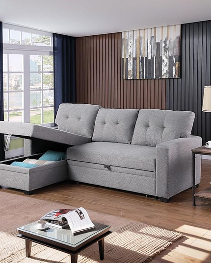 4-in-1 Modular Sofa Bed Convertible Living Room Furniture Sets Upholstered, L Shaped Sectional Comfy Couch with Reversible Storage Chaise for Apartment, Studio, Office, Light Gray-3 - LeafyLoom