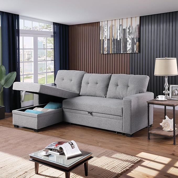 4-in-1 Modular Sofa Bed Convertible Living Room Furniture Sets Upholstered, L Shaped Sectional Comfy Couch with Reversible Storage Chaise for Apartment, Studio, Office, Light Gray-3 - LeafyLoom