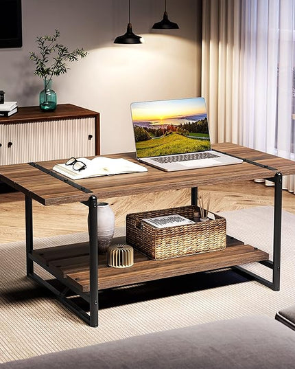 Towallmark 2-Tier Wood Coffee Table, Farmhouse Coffee Table with Storage Shelf- Rustic Metal Rectangle Center Living Room Coffee Table Accent Furniture for Home Office (Black Walnut) - LeafyLoom