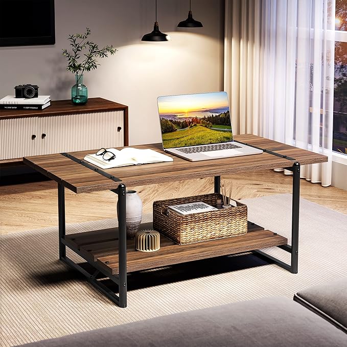 Towallmark 2-Tier Wood Coffee Table, Farmhouse Coffee Table with Storage Shelf- Rustic Metal Rectangle Center Living Room Coffee Table Accent Furniture for Home Office (Black Walnut) - LeafyLoom