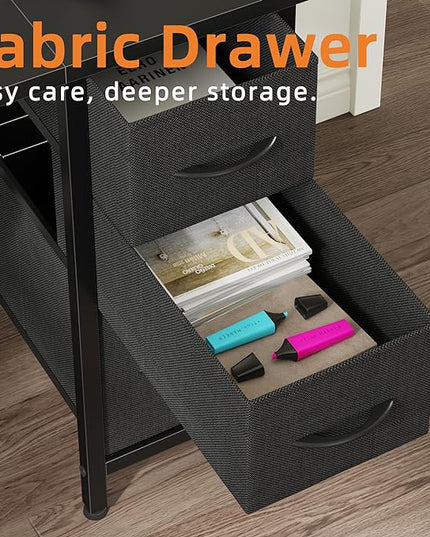 55'' Office Desk with 6 Fabric File Drawers - File Drawer Organization, Computer Work Desk, Study Writing Table, Home Office Workstation, Black. - LeafyLoom