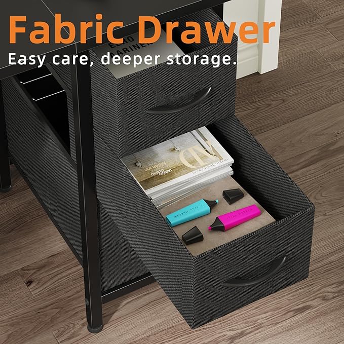 55'' Office Desk with 6 Fabric File Drawers - File Drawer Organization, Computer Work Desk, Study Writing Table, Home Office Workstation, Black. - LeafyLoom