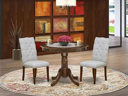 East West Furniture ANEL3-AWA-05 Antique 3 Piece Dining Set for Small Spaces Consist of a Round Kitchen Table with Pedestal and 2 Parson Chairs, 36x36 Inch - LeafyLoom
