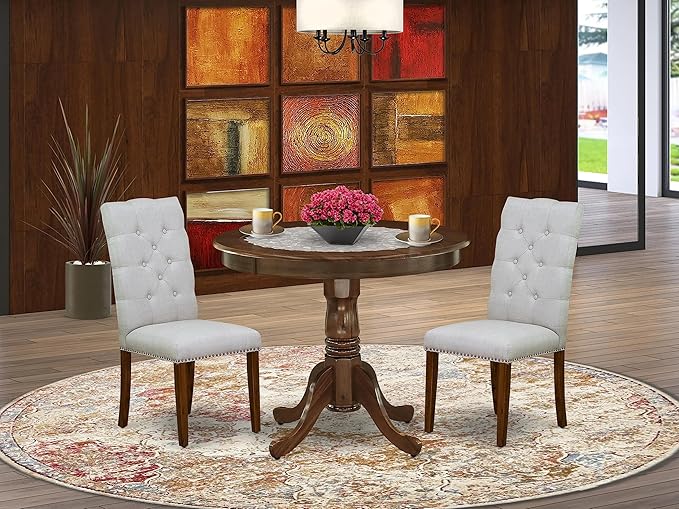 East West Furniture ANEL3-AWA-05 Antique 3 Piece Dining Set for Small Spaces Consist of a Round Kitchen Table with Pedestal and 2 Parson Chairs, 36x36 Inch - LeafyLoom