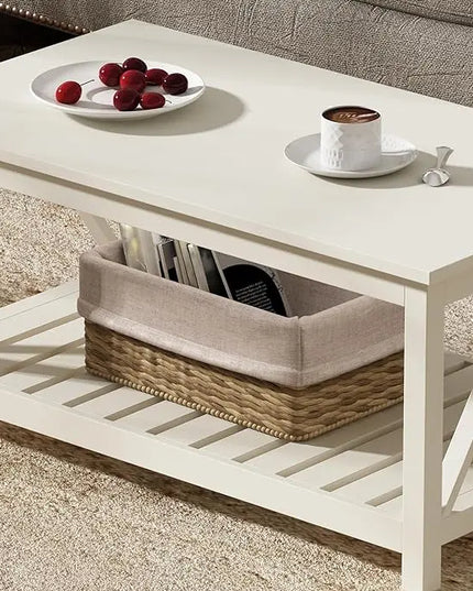ChooChoo Coffee Table, Living Room Table with Shelf, 40 Antique White - LeafyLoom