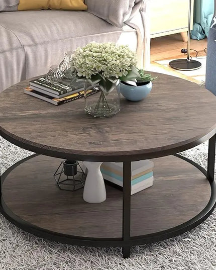 NSdirect Round Coffee Table,36" Coffee Table for Living Room,2-Tier Rustic Wood Desktop with Storage Shelf Modern Design Home Furniture(Light Walnut) - LeafyLoom