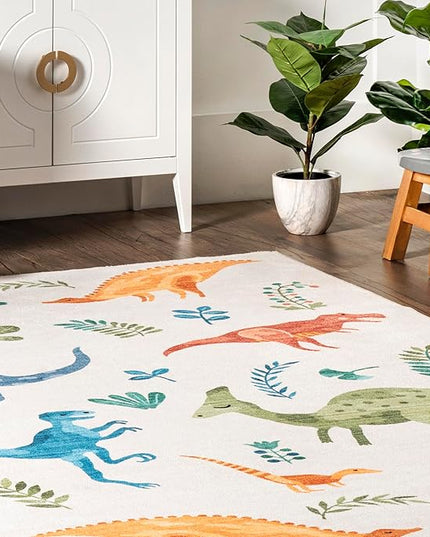 nuLOOM Eamon Dinosaur Machine Washable Kids Ultra Thin Area Rug, 4' x 6', White Multi - LeafyLoom