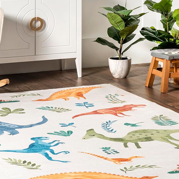 nuLOOM Eamon Dinosaur Machine Washable Kids Ultra Thin Area Rug, 4' x 6', White Multi - LeafyLoom