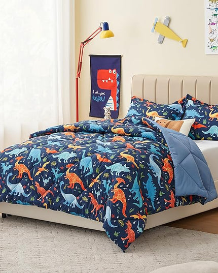 Queen Dinosaur Kids Bedding Set for Boys, 3 Pieces Queen Dinosaur Kids Comforter Sets, Super Soft Lightweight for All Seasons, Includes 1 Comforter (88"x88") and 2 Pillowcase (20"x26"+2") - LeafyLoom