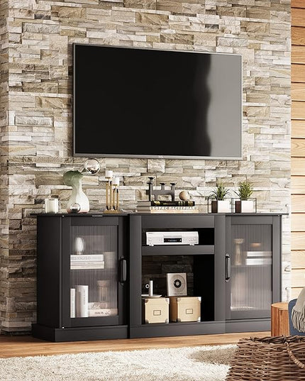 WLIVE Retro TV Stand for 65 inch TV, TV Console Cabinet with Storage, Open Shelves Entertainment Center for Living Room and Bedroom, Black - LeafyLoom