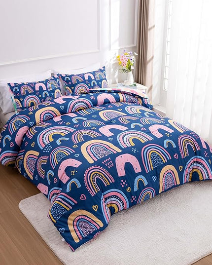 Btargot Lightweight Soft 3 Piece Rainbow Comforter Set with 2 Pillow Covers, Cartoon Love Hearts Suns and Stars Bedding Set for Girls Boys Kids, Queen Dark Blue - LeafyLoom