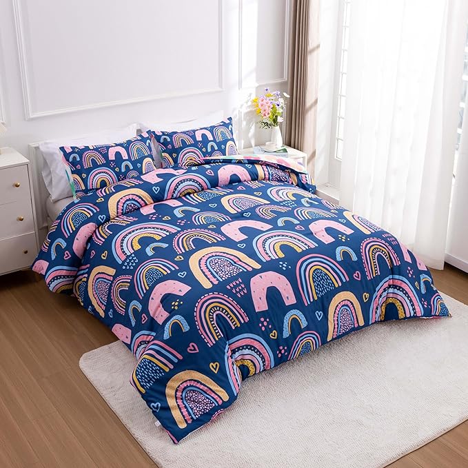 Btargot Lightweight Soft 3 Piece Rainbow Comforter Set with 2 Pillow Covers, Cartoon Love Hearts Suns and Stars Bedding Set for Girls Boys Kids, Queen Dark Blue - LeafyLoom