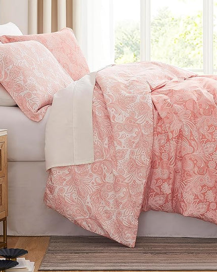 Southshore Fine Living, Inc. Oversized Full/Queen Comforter Set, Down Alternative Paisley Bedspread, Reversible Print is 2 Colors in 1, Queen/Full Comforter & Matching Shams, Coral/White - LeafyLoom