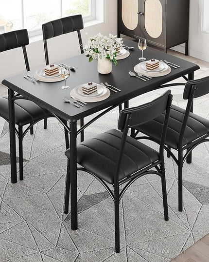 Kitchen Table and Chairs for 4, Dining Table Set for 4 with Upholstered Chairs, 5 Piece Rectangular Kitchen Table Set, Dining Room Table Set for Small Space, Apartment, Rustic Black - LeafyLoom