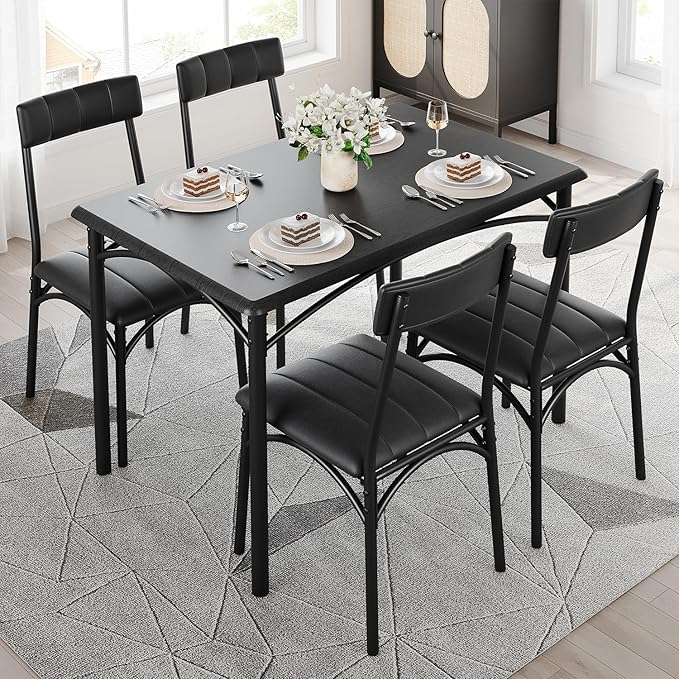 Kitchen Table and Chairs for 4, Dining Table Set for 4 with Upholstered Chairs, 5 Piece Rectangular Kitchen Table Set, Dining Room Table Set for Small Space, Apartment, Rustic Black - LeafyLoom