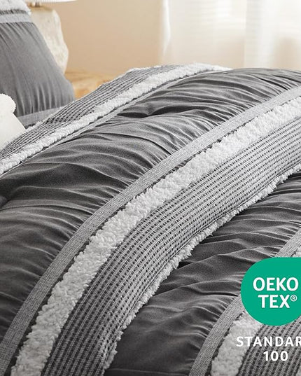 Bedsure Boho Comforter Set Queen - Dark Grey Jacquard Bedding Comforter Set, 3 Pieces Farmhouse Shabby Chic Embroidery Bed Set, Soft Fluffy Tufted Striped Comforter for All Seasons - LeafyLoom