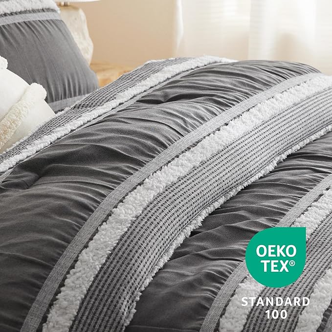 Bedsure Boho Comforter Set Queen - Dark Grey Jacquard Bedding Comforter Set, 3 Pieces Farmhouse Shabby Chic Embroidery Bed Set, Soft Fluffy Tufted Striped Comforter for All Seasons - LeafyLoom