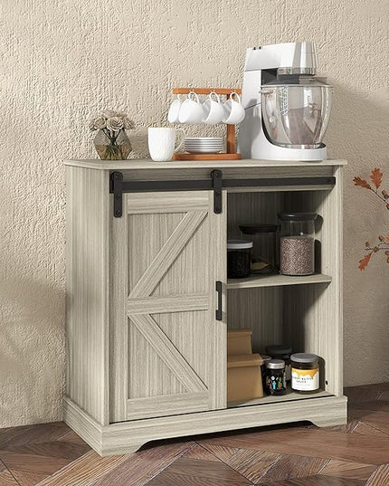 Panana Sliding Barn Door Buffet Sideboard Storage Cabinet Coffee Bar Kitchen Farmhouse Style (Oak) - LeafyLoom