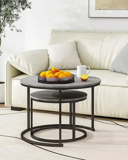 Nesting Round Coffee Table Set of 2 End Tables for Living Room,Grey Coffee Table Wooden Accent Furniture with Metal Frame,Stacking Side Tables,Black+Warm Grey - LeafyLoom