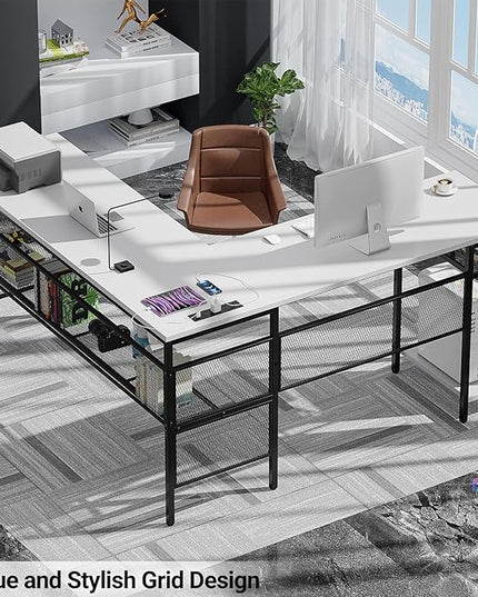 Reversible L Shaped Computer Desk Power Outlets and USB Ports, Large Corner Desk, Sturdy Home Office Gaming Table with Storage Shelf, Unique Grid Design Writing Desk, Easy to Assemble, White - LeafyLoom