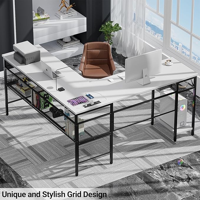 Reversible L Shaped Computer Desk Power Outlets and USB Ports, Large Corner Desk, Sturdy Home Office Gaming Table with Storage Shelf, Unique Grid Design Writing Desk, Easy to Assemble, White - LeafyLoom