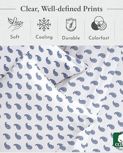 California Design Den Paisley Sheets for Full Size Bed, 4 Pc 100% Cotton Sheets Set Luxury 400 Thread Count Sateen, Deep Pockets (Paisley Blue) - LeafyLoom