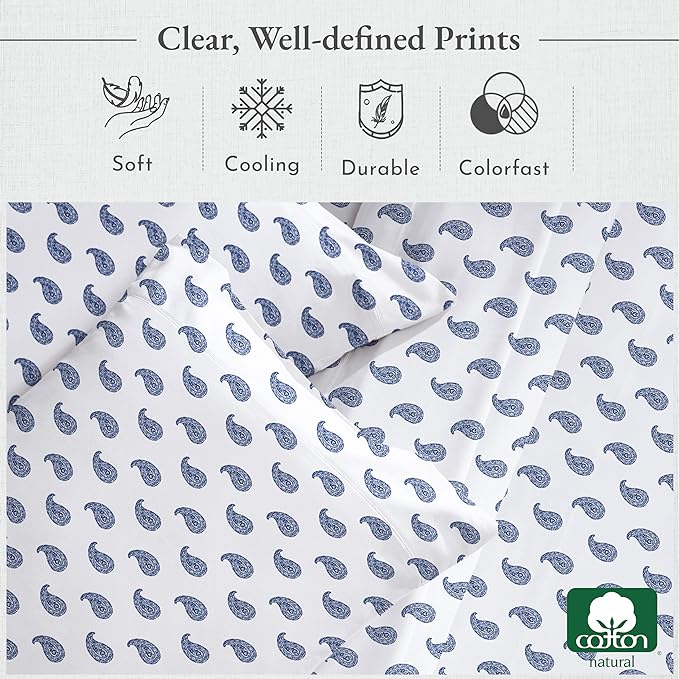California Design Den Paisley Sheets for Twin-XL Size Bed, 100% Cotton Sheets Set Luxury 400 Thread Count Sateen, (Paisley Blue) - LeafyLoom