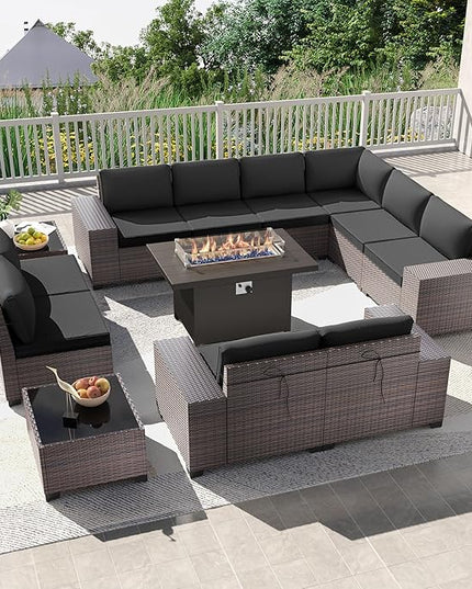 Kullavik 13PCS Outdoor Patio Furniture Set with 43" 55000BTU Gas Propane Fire Pit Table PE Wicker Rattan Sectional Sofa Patio Conversation Sets,Black - LeafyLoom