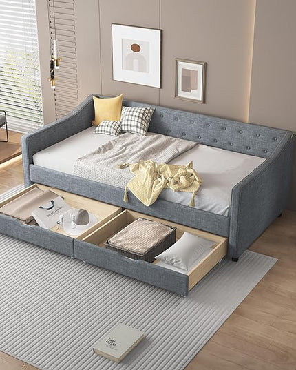 Twin Daybed Frame with 2 Storage Drawers,Upholstered Sofa Bed W/Button & Nailhead Tufted Design,Wood Slats Support,Linen Fabric Bedframe for Living Room Bedroom Apartment,Light Gray - LeafyLoom