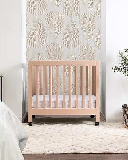 Babyletto Origami Mini Portable Folding Crib with Wheels in Canyon, 2 Adjustable Mattress Positions, Greenguard Gold Certified - LeafyLoom