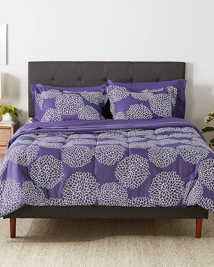 Amazon Basics Lightweight Microfiber Bed-in-a-Bag Comforter 7-Piece Bedding Set, Full/Queen, Purple Floral - LeafyLoom