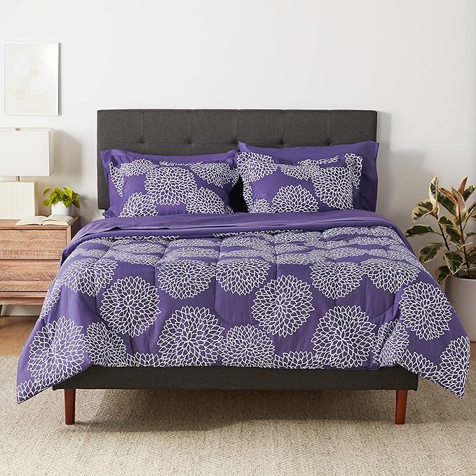 Amazon Basics Lightweight Microfiber Bed-in-a-Bag Comforter 7-Piece Bedding Set, Full/Queen, Purple Floral - LeafyLoom