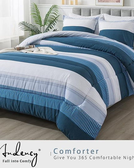 Andency Stripe Comforter Set King Size (104x90 Inch), 3 Pieces Navy Patchwork Striped Comforter, Soft Microfiber Down Alternative Comforter Bedding Set with Corner Loops - LeafyLoom