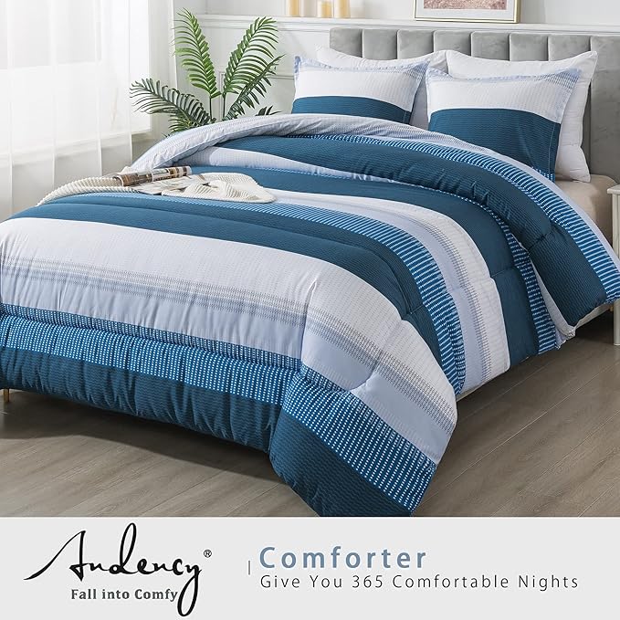 Andency Stripe Comforter Set Queen Size (90x90 Inch), 3 Pieces Navy Patchwork Striped Comforter, Soft Microfiber Down Alternative Comforter Bedding Set with Corner Loops - LeafyLoom