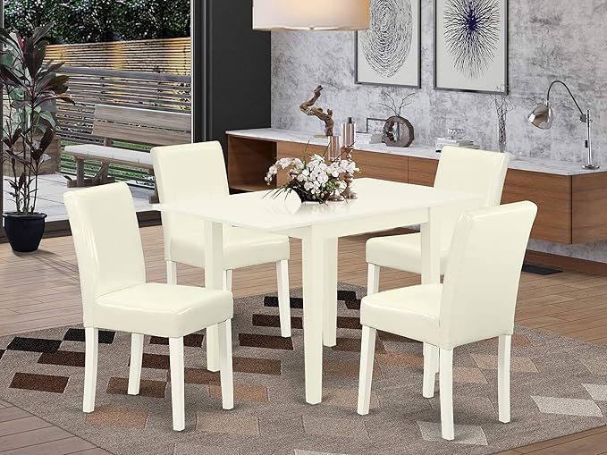 East West Furniture 1NDAB5-LWH-64 5 Piece Dinette Set for 4 Includes a Rectangle Room Table with Dropleaf and 4 White Faux Leather Parson Dining Chairs, 30x48 Inch - LeafyLoom