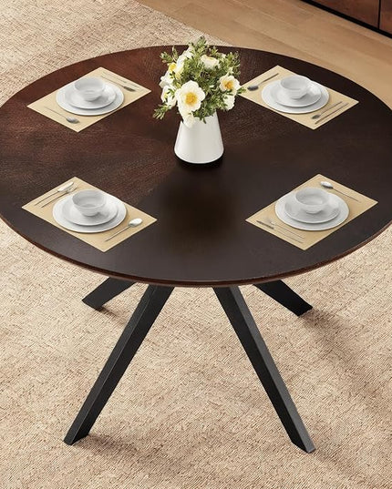 Soohow 47.2'' Round Dining Table Dining Room Table for 4-6 People,Kitchen Table Round Solid Wood Dining Table with Intersecting Pedestal Base,Walnut/Black - LeafyLoom