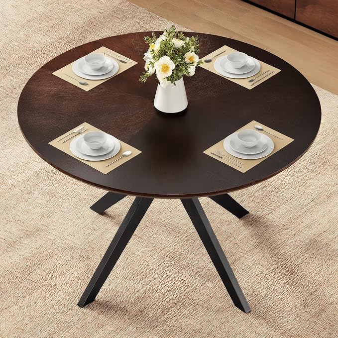 Soohow 47.2'' Round Dining Table Dining Room Table for 4-6 People,Kitchen Table Round Solid Wood Dining Table with Intersecting Pedestal Base,Walnut/Black - LeafyLoom