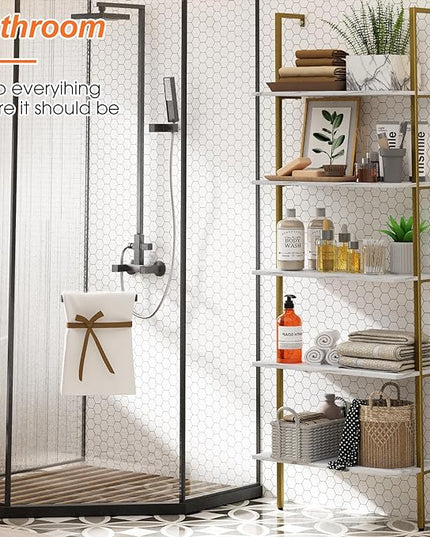 5 Tiers Ladder Shelf White Marble Modern Bookshelf Open Tall Wall Mount Bookcase Standing Leaning Wall Shelves Industrial Decorative - LeafyLoom