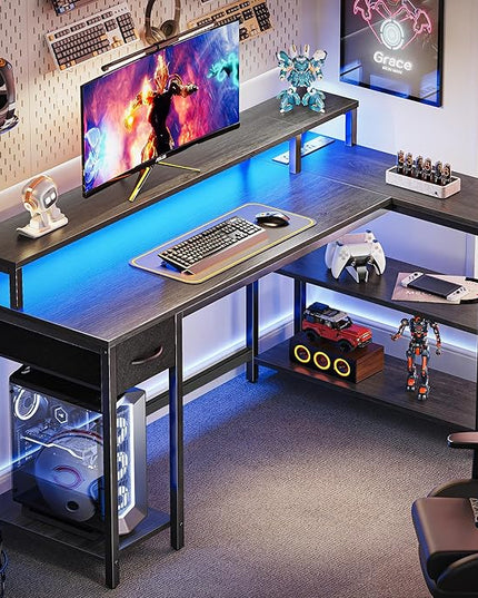 SUPERJARE 53 inch Reversible L Shaped Desk with LED Lights & Power Outlets, Computer Desk with Shelves & Monitor Stand, Gaming Desk with Drawer, Home Office Desk Corner Desk, Grey - LeafyLoom