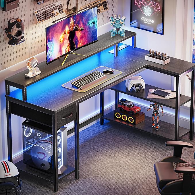 SUPERJARE 53 inch Reversible L Shaped Desk with LED Lights & Power Outlets, Computer Desk with Shelves & Monitor Stand, Gaming Desk with Drawer, Home Office Desk Corner Desk, Grey - LeafyLoom