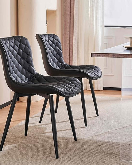 YOUTASTE Black Dining Chairs Set of 2 Mid Century Modern PU Leather Diamond Upholstered Accent Guest Dinner Chair with Back Metal Legs for Kitchen Living Reception Waiting Room - LeafyLoom