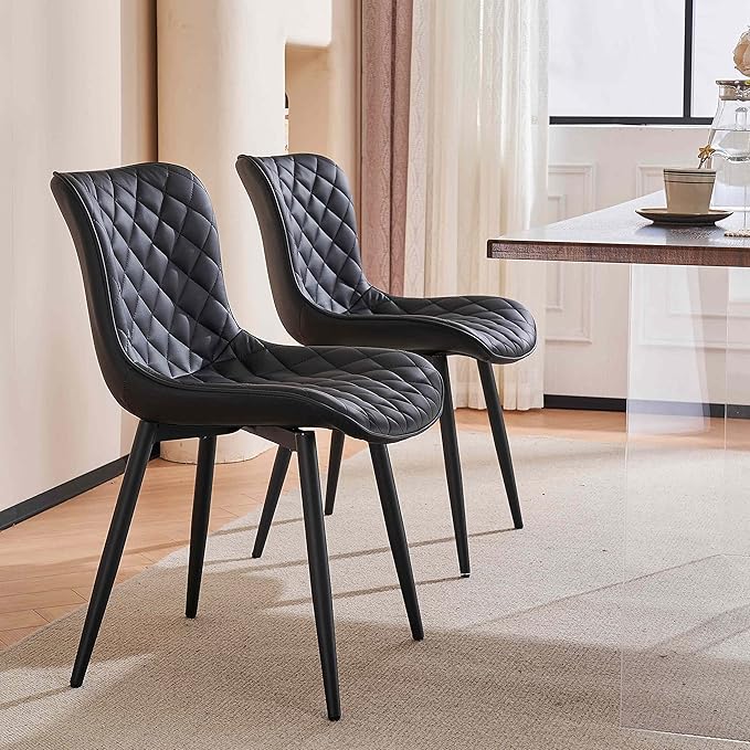 YOUTASTE Black Dining Chairs Set of 2 Mid Century Modern PU Leather Diamond Upholstered Accent Guest Dinner Chair with Back Metal Legs for Kitchen Living Reception Waiting Room - LeafyLoom